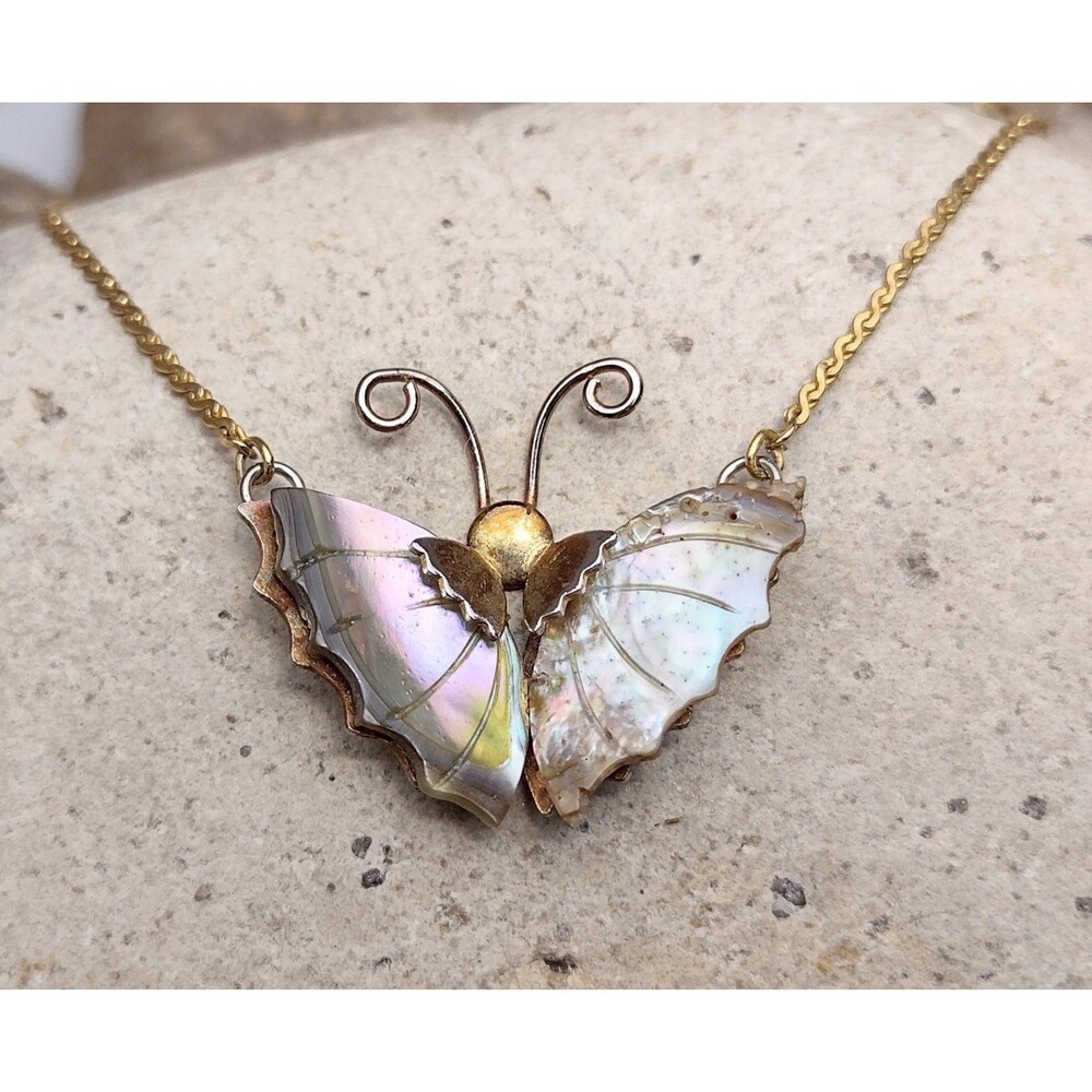 Vintage Butterfly Necklace Abalone Shell - Picture 11 of 11